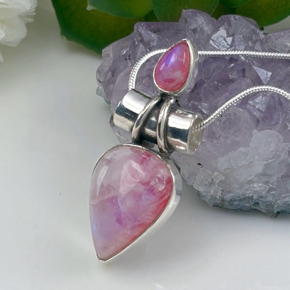 Blue Flash Pink Moonstone Pendant Boho Vintage Style Sterling Silver 925 - Picture 5 of 9